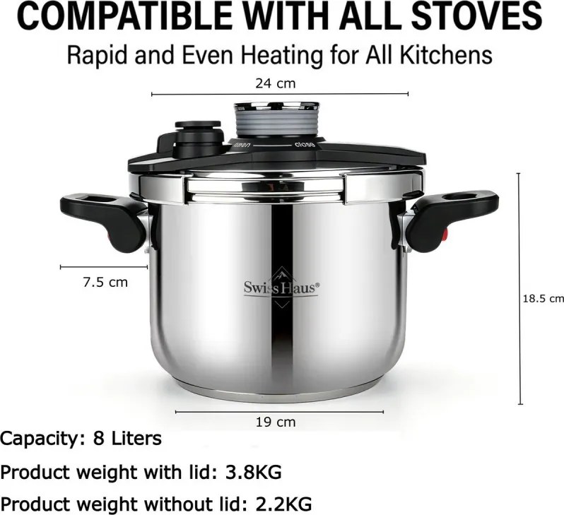 Oala sub presiune Swiss Haus SH-PCA8L, 8 l, 24 x 18,6 cm, 100 kPa, Otel inoxidabil, Fara PFAS, Fnd cu 3 straturi, Inductie, Argintiu