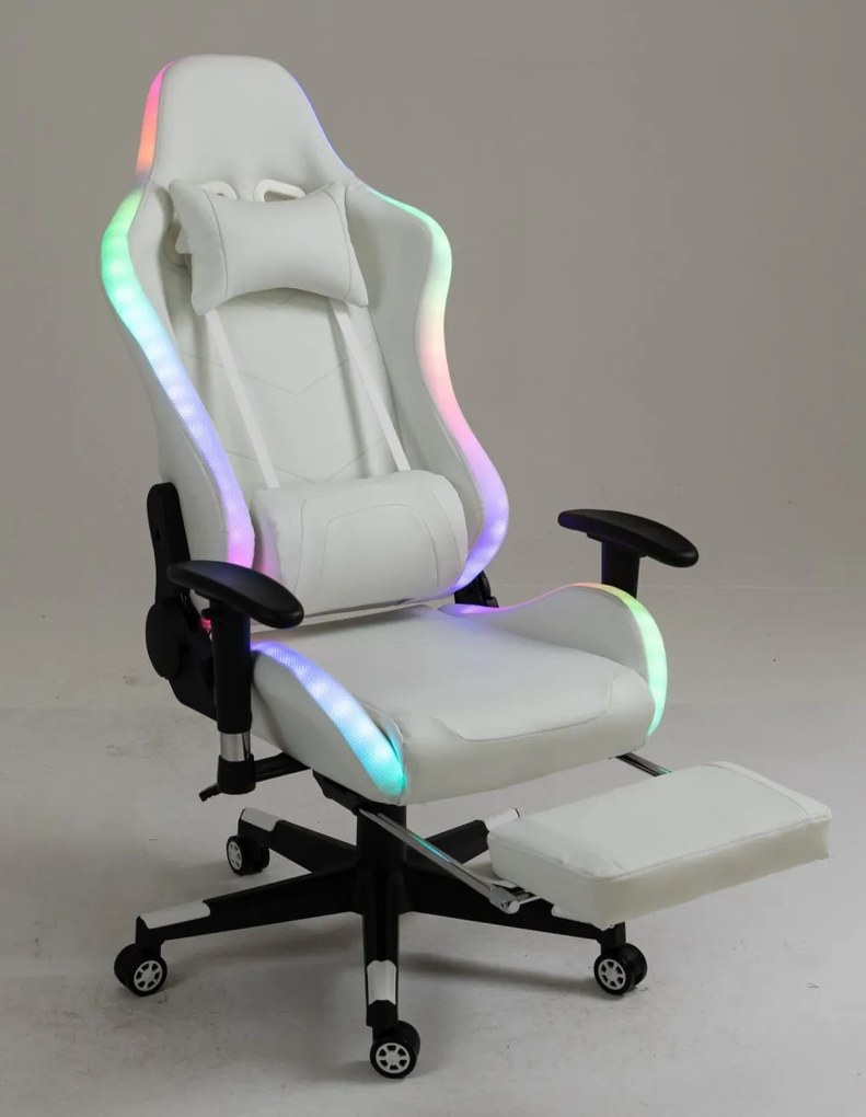 Scaun gaming cu sistem iluminare bandă LED RGB, masaj în perna lombară, suport picioare, funcție șezlong, 90-180 grade, piele PU Premium, Alb