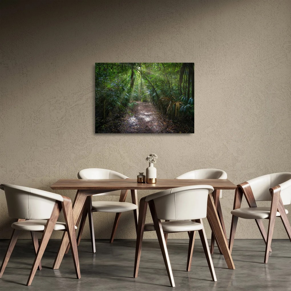 Tablou pe sticlă - Razele solare în junglă (70x50 cm)