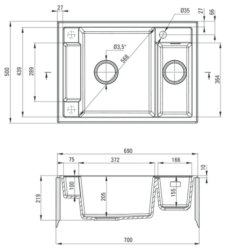 Chiuveta bucatarie compozit cu doua cuve alb mat Deante Magnetic Alb mat