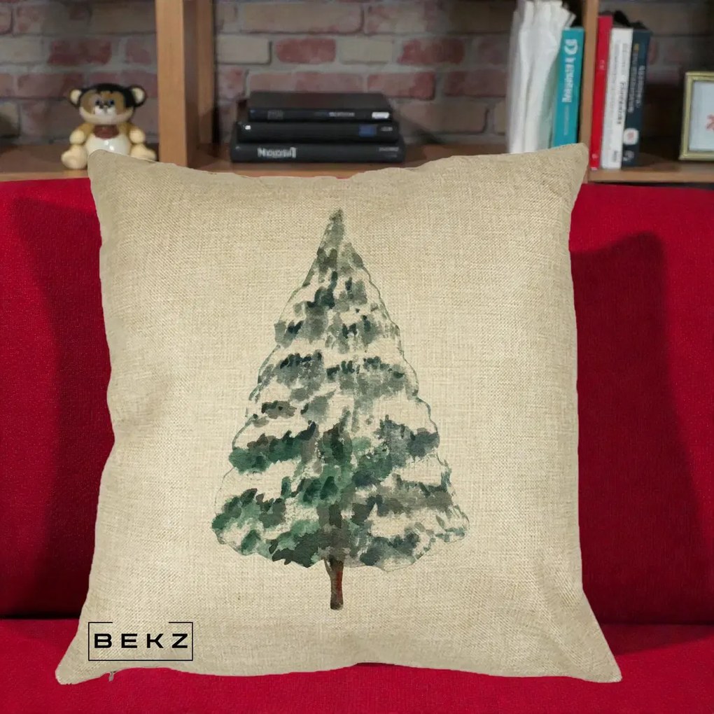 Perna Decorativa cu tematica de Craciun, Brad 2, 40x40 cm, Crem, Husa Detasabila, Perna Inclusa, BEKZ®