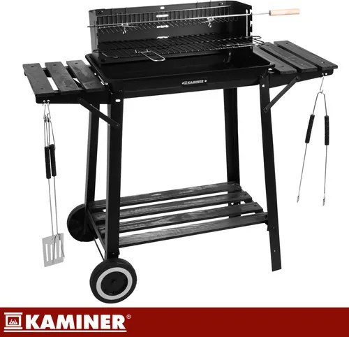 Grătar de grădină cu cărbune, scuipat, grătar superior și rafturi