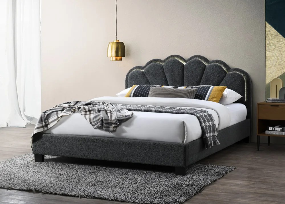 Pat tapitat Comfort 2 cu LED, 140x200, cadru din lemn cu somiera fixa, culoare Gri