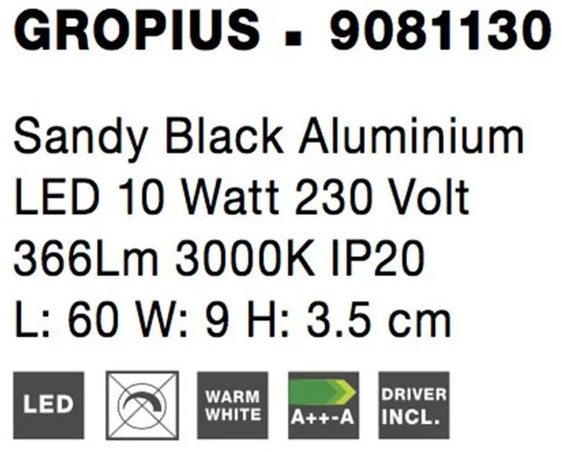 Aplica de perete LED design liniar GROPIUS negru, L-60cm, H-9cm