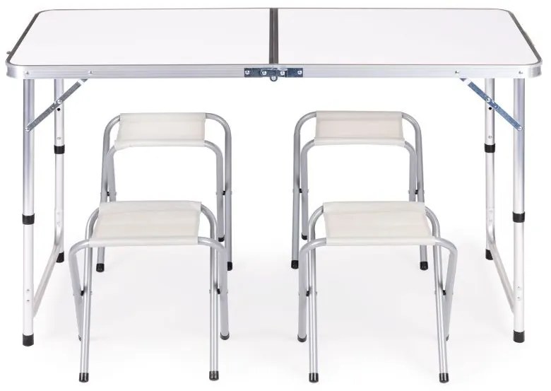 Masă de catering pliabilă 119,5x60 cm albă cu 4 scaune