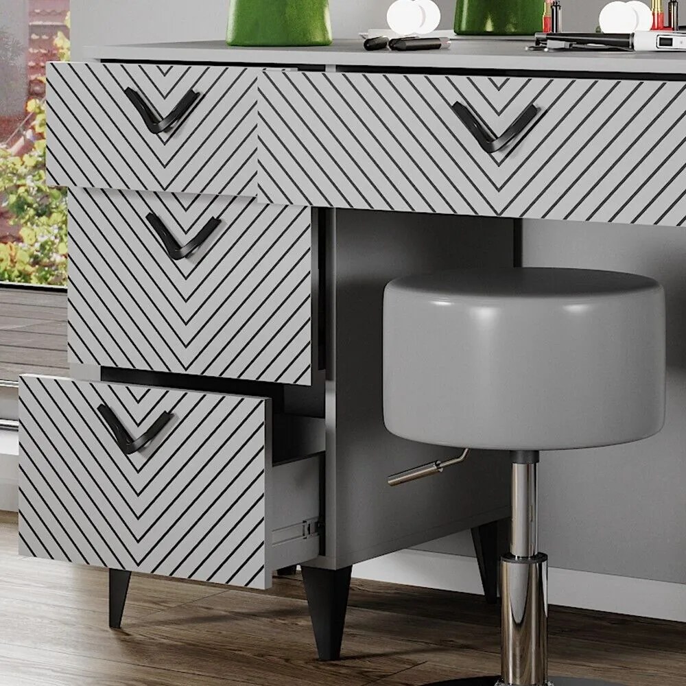 Masuta machiaj cu Oglinda LED si 7 Sertare pentru Cosmetice, Set Masa toaleta 150 cm, Gri, masuta cosmetica, vanity - SEG213