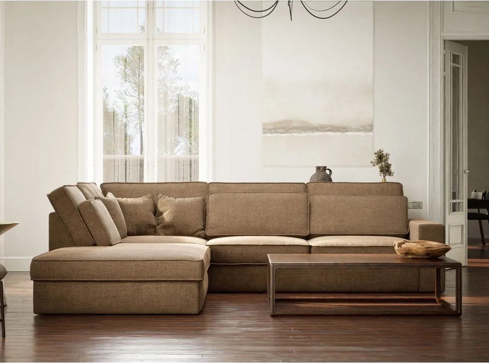 Colțar maro deschis cu tapițerie din chenille (cu colț pe partea stângă/în formă de ”L”) Kirou – Maison de Rêve