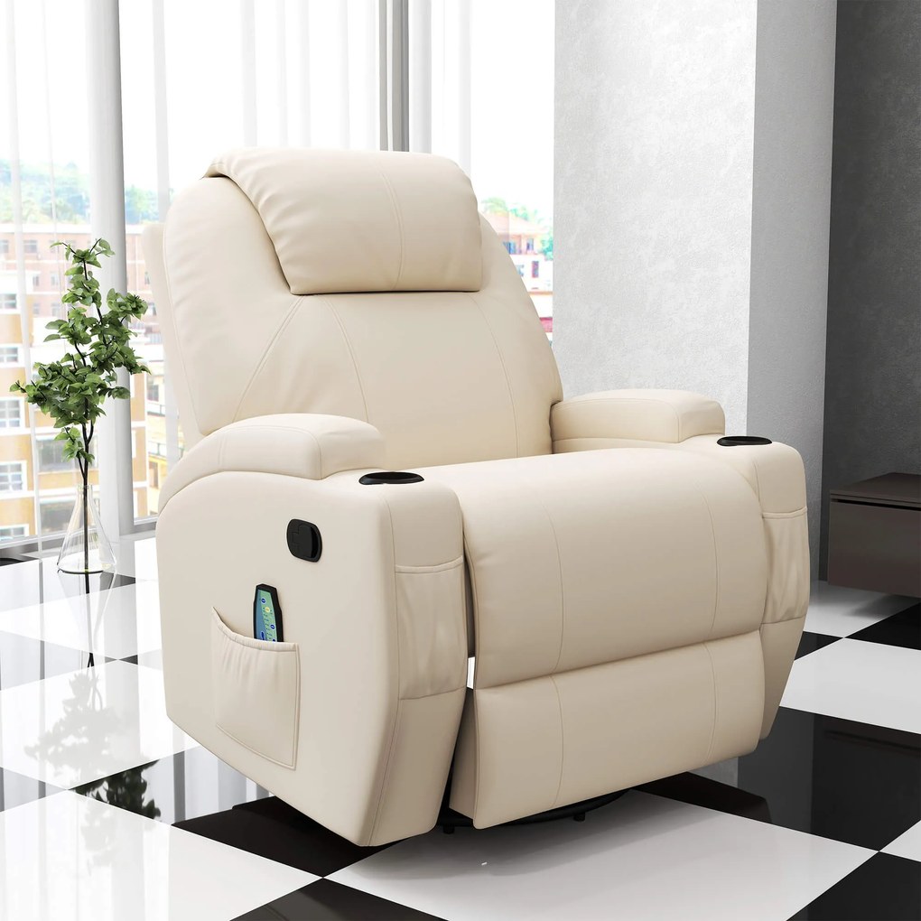 Fotoliu Relax HOMCOM pentru masaj cu 8 puncte, 5 modalitati si 2 intensitati, inclinabil si rotativ, 84x92x109cm, Crem | Aosom RO