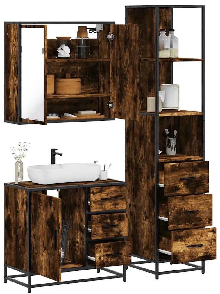 vidaXL Set mobilier de baie, 3 piese, stejar fumuriu, lemn prelucrat