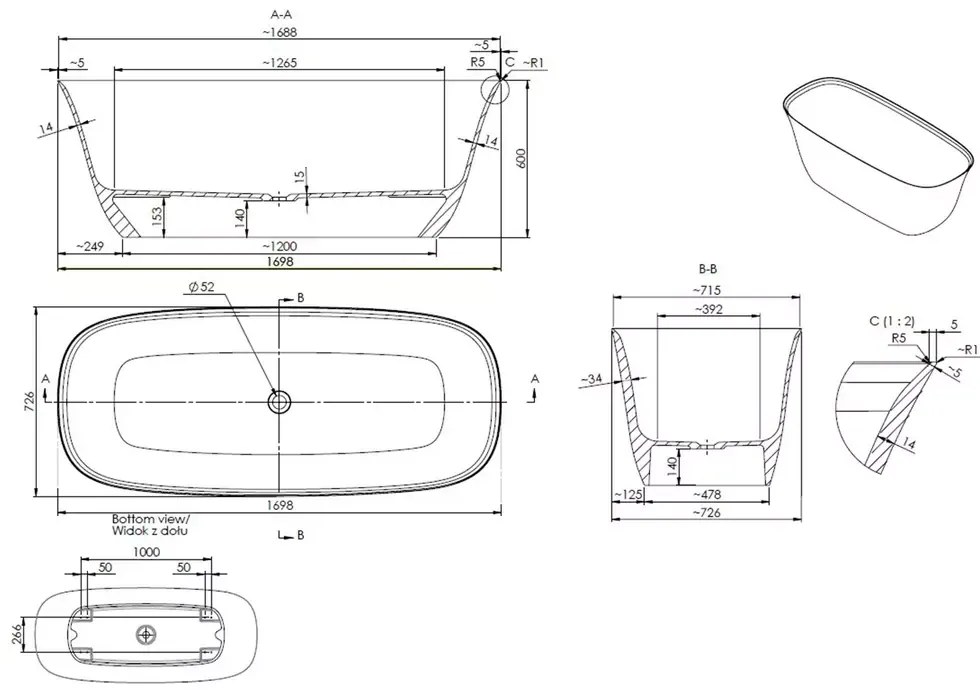Cada freestanding, din compozit, 170x73 cm, fara preaplin, Marmite Creta