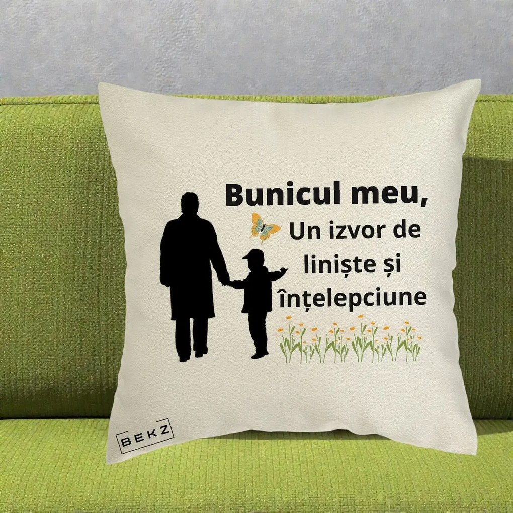 Cadou pentru Bunic - Perna Personalizata Bunicul Meu Izvor de Liniste cu Fluture si Baietel, 40x40 cm, Ecru, Husa Detasabila, Perna Inclusa, BEKZ®