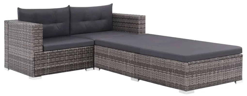 Set mobilier de gradina cu perne, 3 piese, gri, poliratan