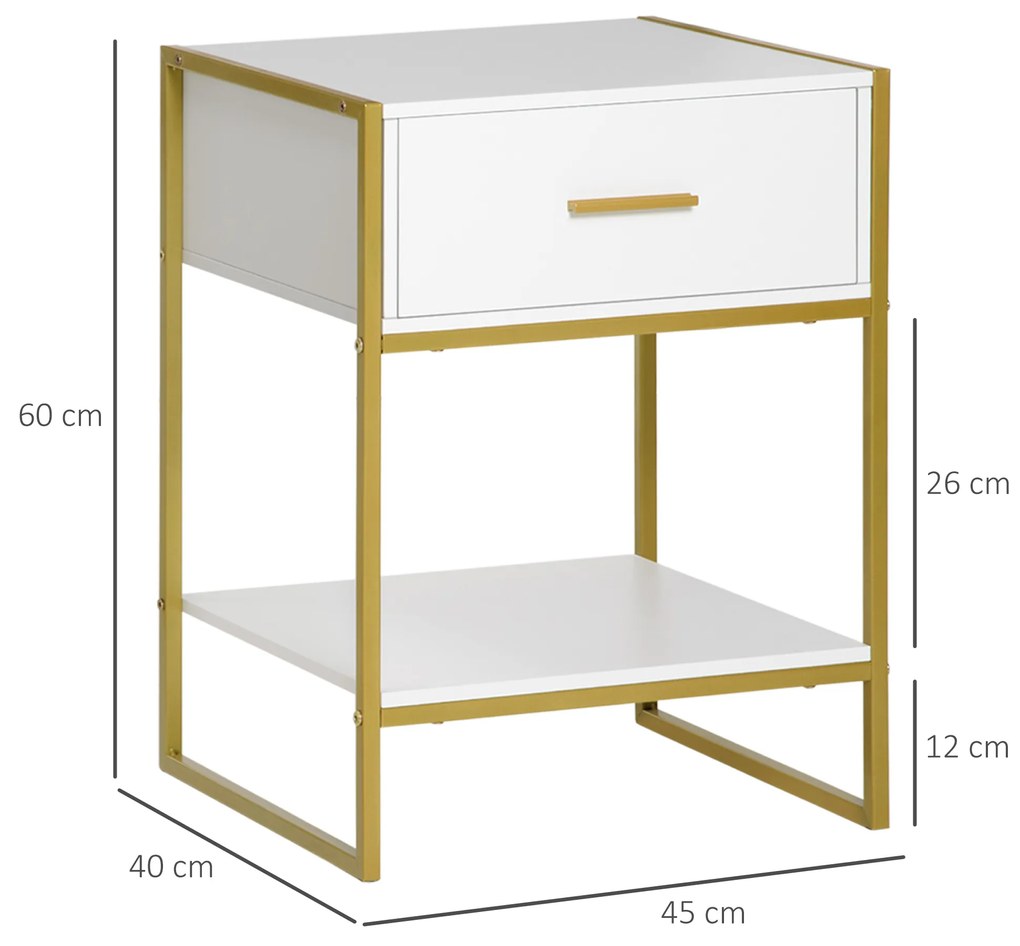 HOMCOM Set din 2 Noptiere Moderne, Noptiere cu Raft și Sertar, Organizatoare de Depozitare pentru Dormitor, 45x40x60 cm, Alb | Aosom Romania