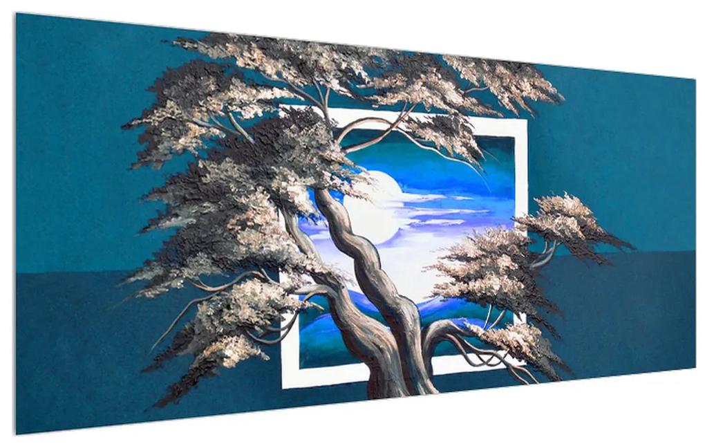 Tablou albastru cu copac și răsărit de soare (120x50 cm), în 40 de alte dimensiuni noi