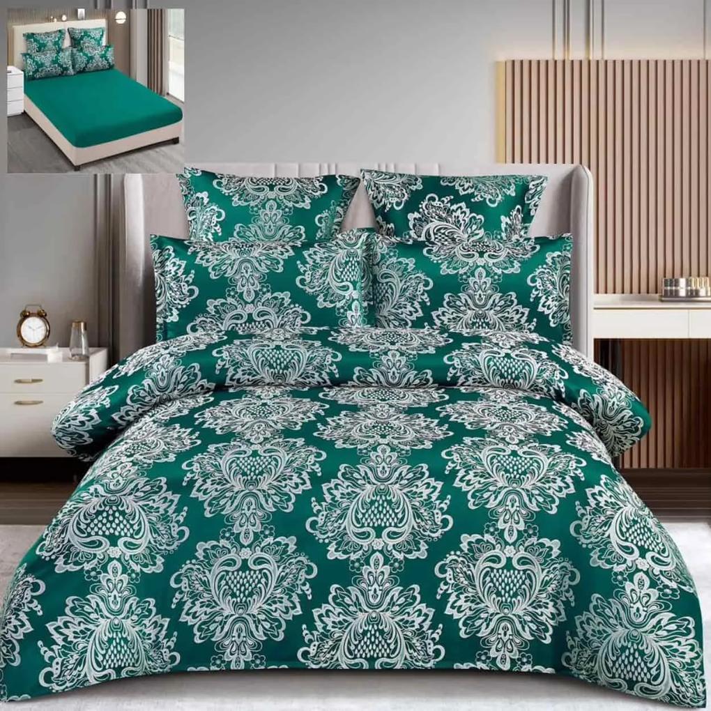 Set lenjerie de pat cu elastic, bumbac tip jacquard, 6 piese, pat 2 persoane, verde inchis, T3-07