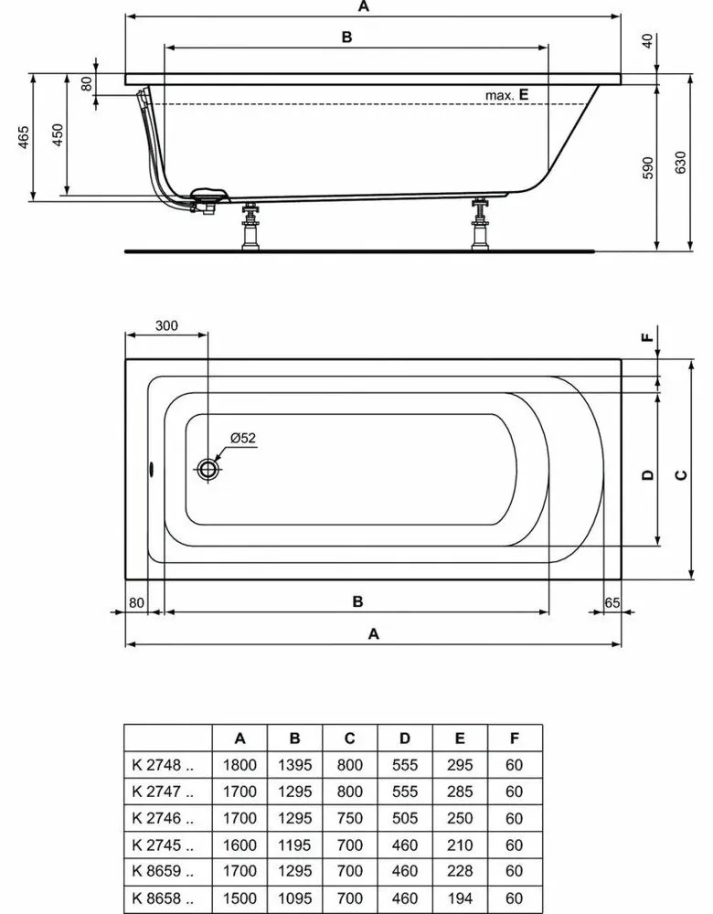 Cada baie incastrata Ideal Standard Hotline, dreptunghiulara, 170x70 cm 1700x700 mm