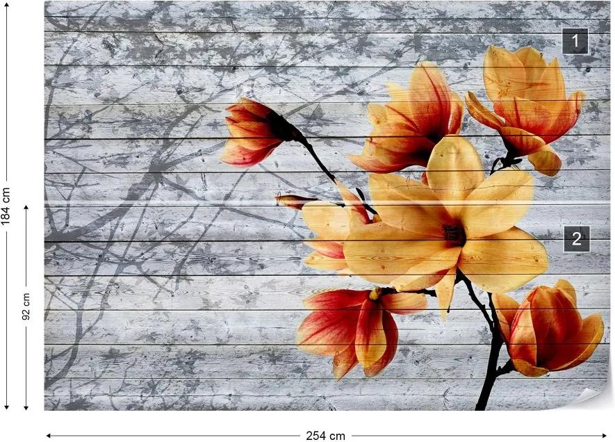 GLIX Fototapet - Magnolia Flowers Farmhouse Chic Vintage Wood Plank Texture Blue Vliesová tapeta  - 254x184 cm
