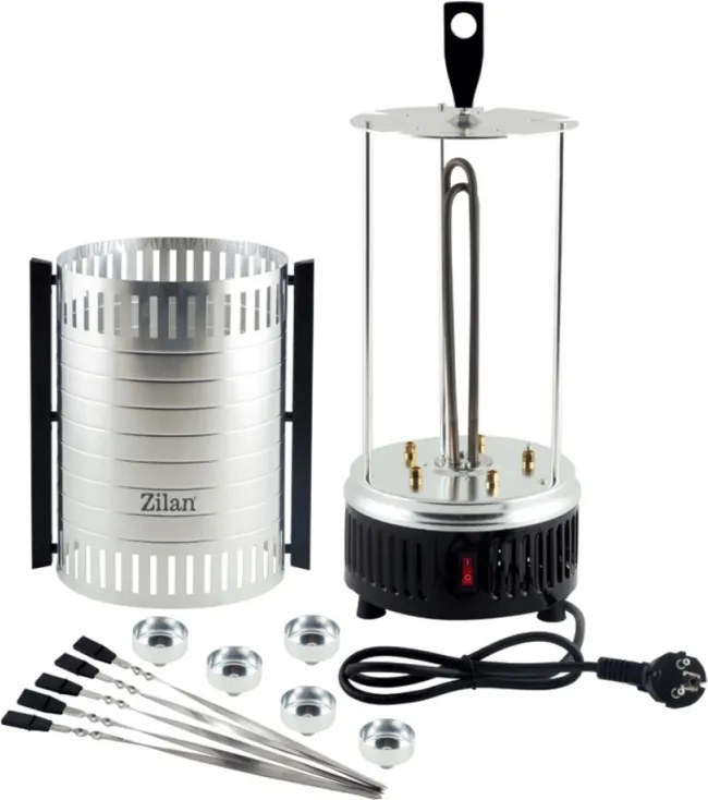 Gratar vertical pentru frigarui Zilan ZLN5565, 900W, 5 frigarui, Incalzitor ceramic, Inox/Negru