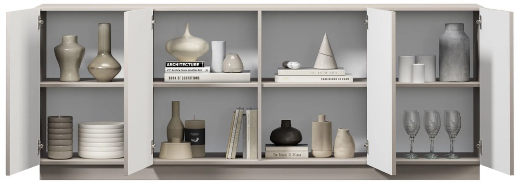 Comodă cu patru uși Lorini 200 cm - cașmir / mânere aurii T-bar