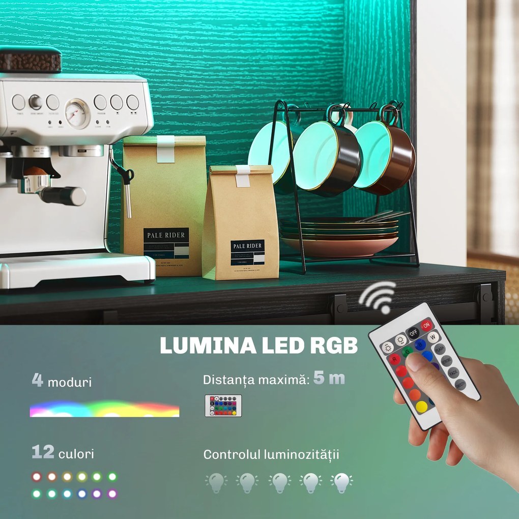 HOMCOM Bufet de Bucătărie cu Suport pentru Sticle, Priză și Iluminare LED, Negru | Aosom Romania