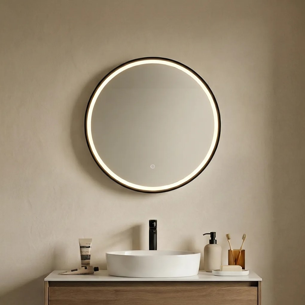 Oglindă de baie neagră 50 cm, cu LED, cu 3 trepte de intensitate și senzor tactil rotund - Miral