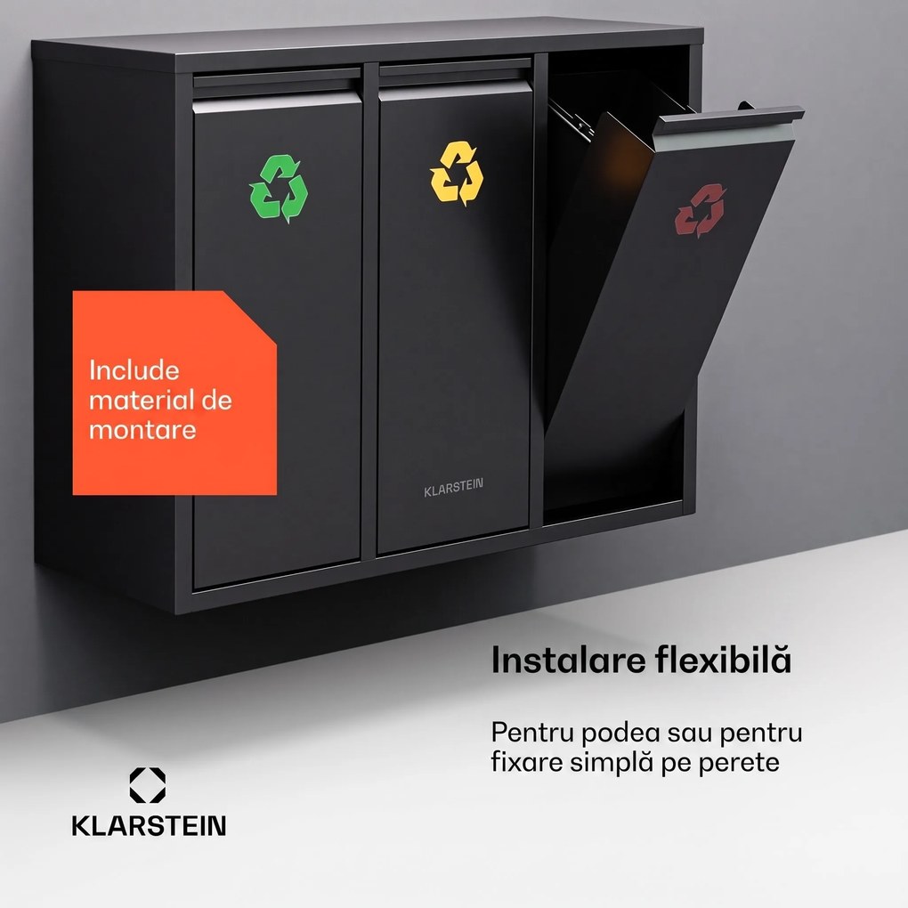 Klarstein Ordnungshüter 3 coșuri de gunoi 45 litri 3 recipiente reciclare montaj pe perete
