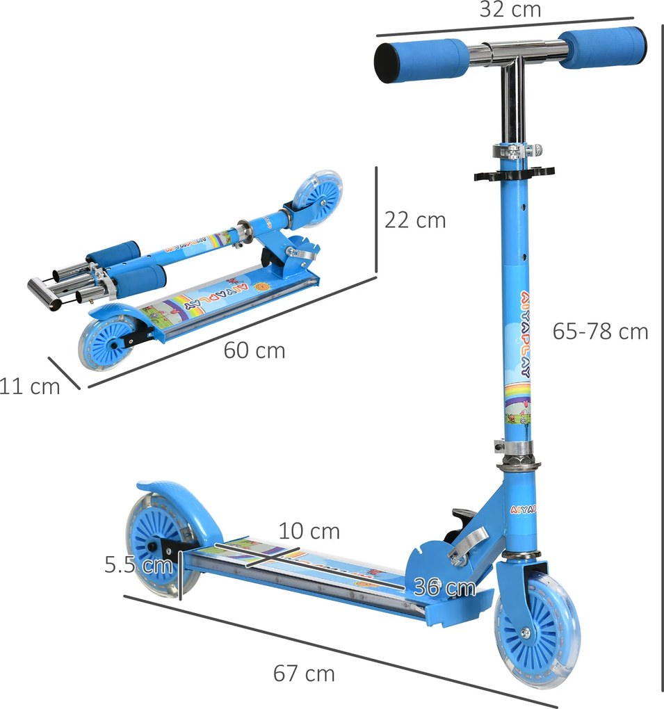 HOMCOM Scuter Pliabil pentru Copii, Scuter cu 2 Roți, Înălțime Reglabilă, Lumini LED și Muzică, 67x32x78 cm, Albastru | Aosom Romania