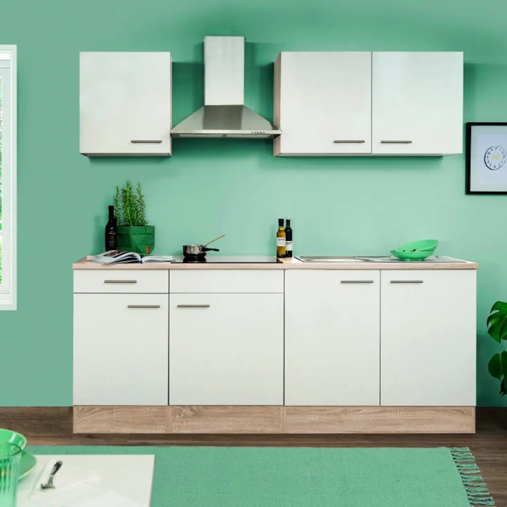 Mobilă de bucătărie Yorki 210, corp din stejar Sonoma, cu față alb satinat