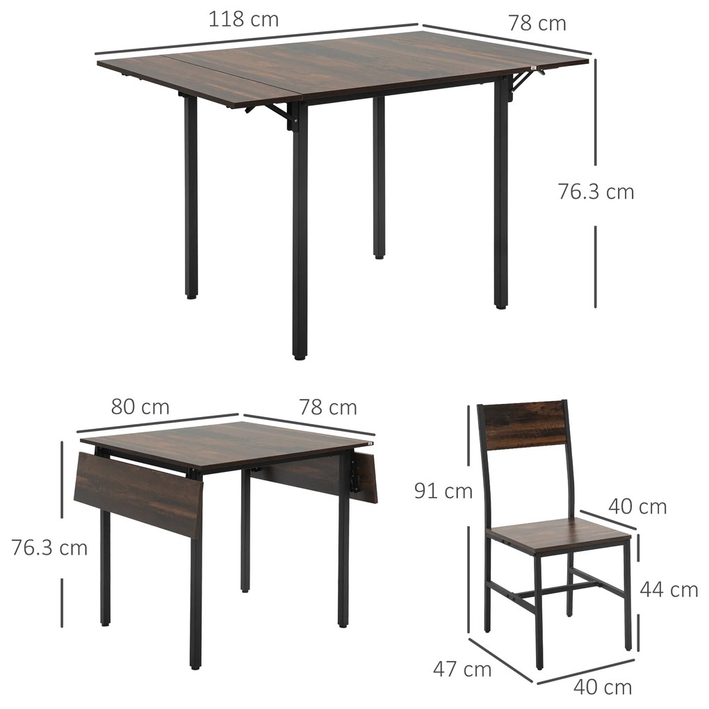Set de 3 piese HOMCOM, masa cu extensie plianta, 2 scaune | Aosom RO