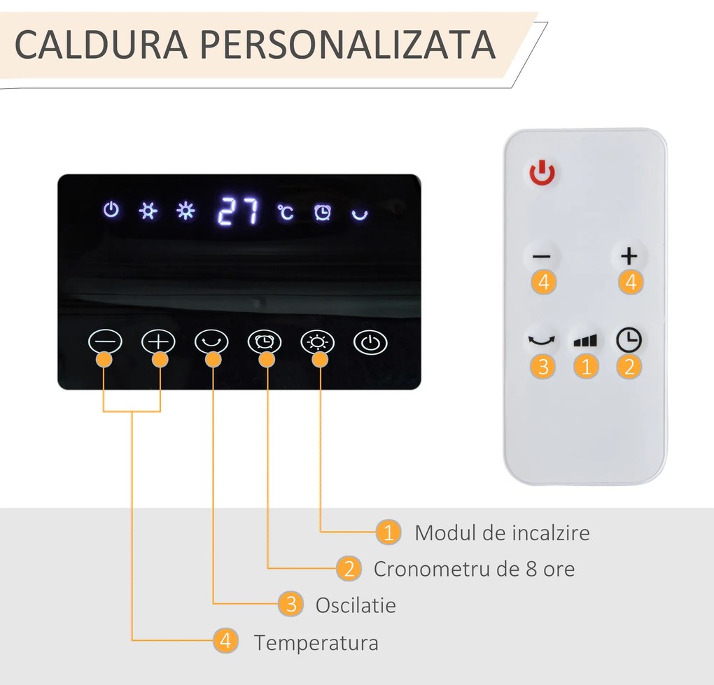 HOMCOM Sobă Electrică Oscilantă cu Telecomandă, Încălzitor cu Temperatură Reglabilă și Timer, 17,6x13,7x50 cm, Alb | Aosom Romania