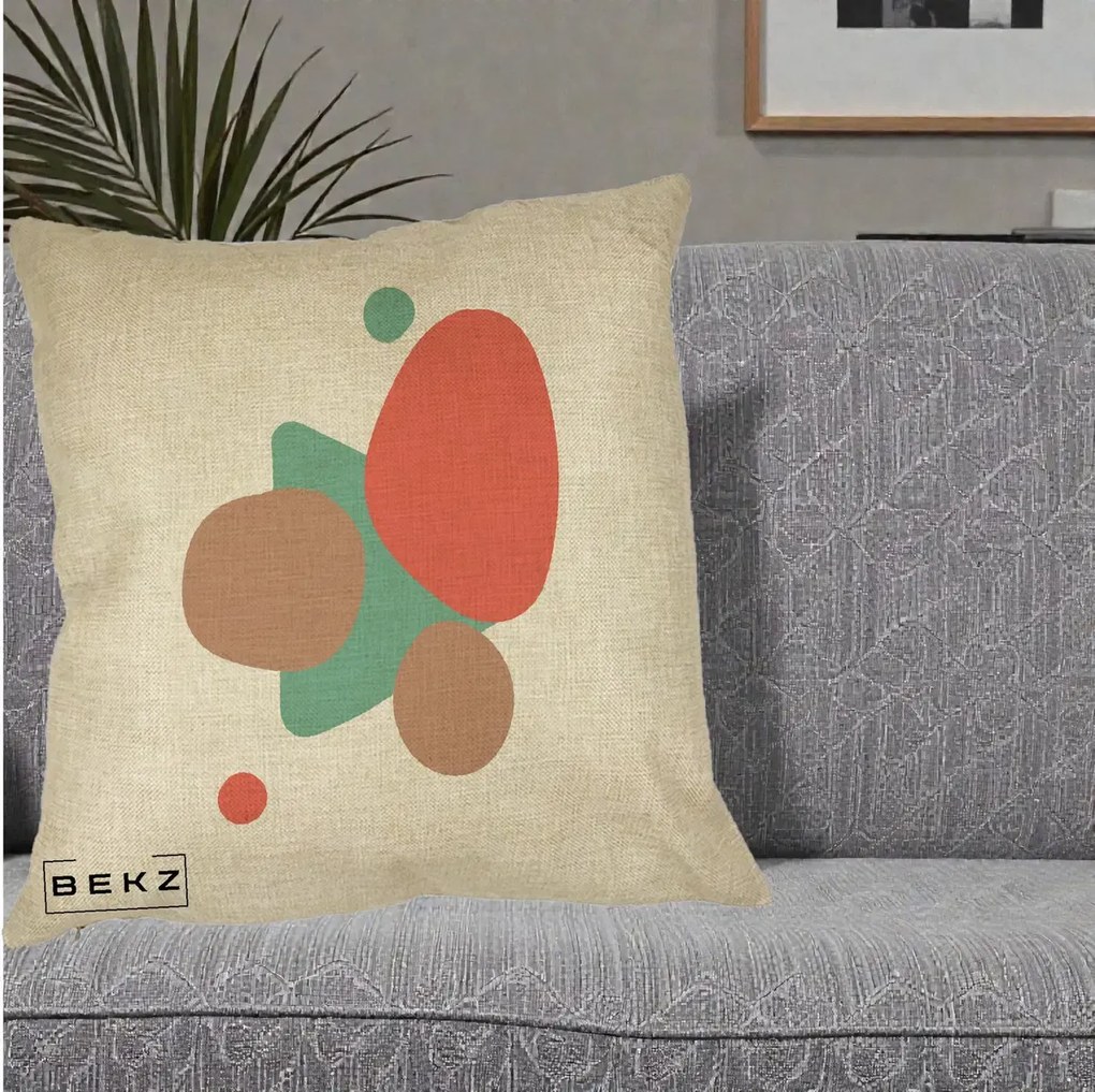 Perna Decorativa Abstract Forme Coral Turcoaz, 40x40 cm, Crem, Husa Detasabila, Perna Inclusa, BEKZ®