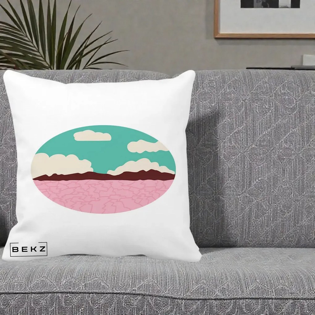 Perna Decorativa Peisaj Desert Oval Pastel, 40x40 cm, Alba Mata, Husa Detasabila, Perna Inclusa, BEKZ®