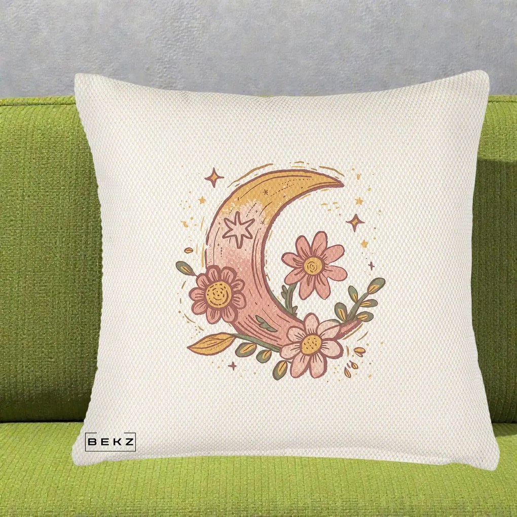 Perna Decorativa Luna Florala Boho, 40x40 cm, Crem Reliefat, Husa Detasabila, Perna Inclusa, BEKZ®