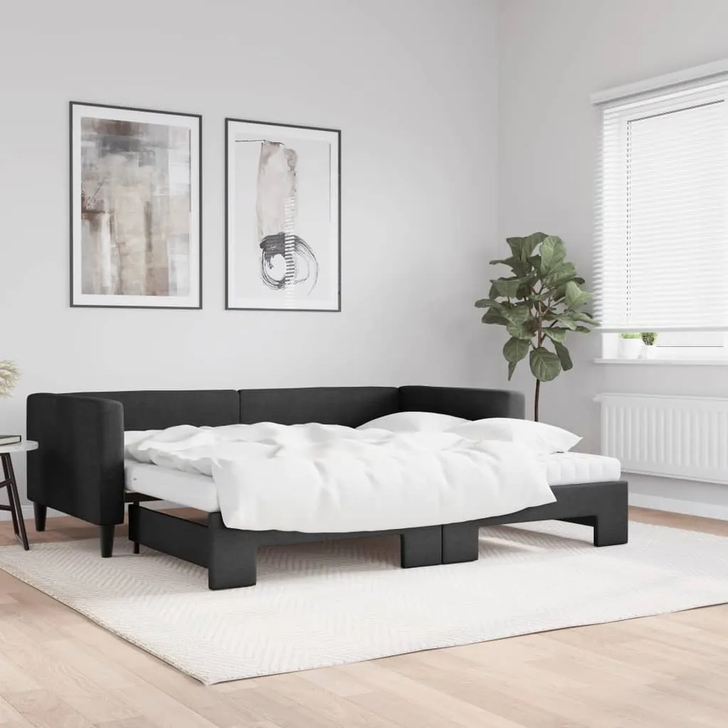3196608 vidaXL Pat de zi cu extensie și saltele, negru, 90x190 cm, textil