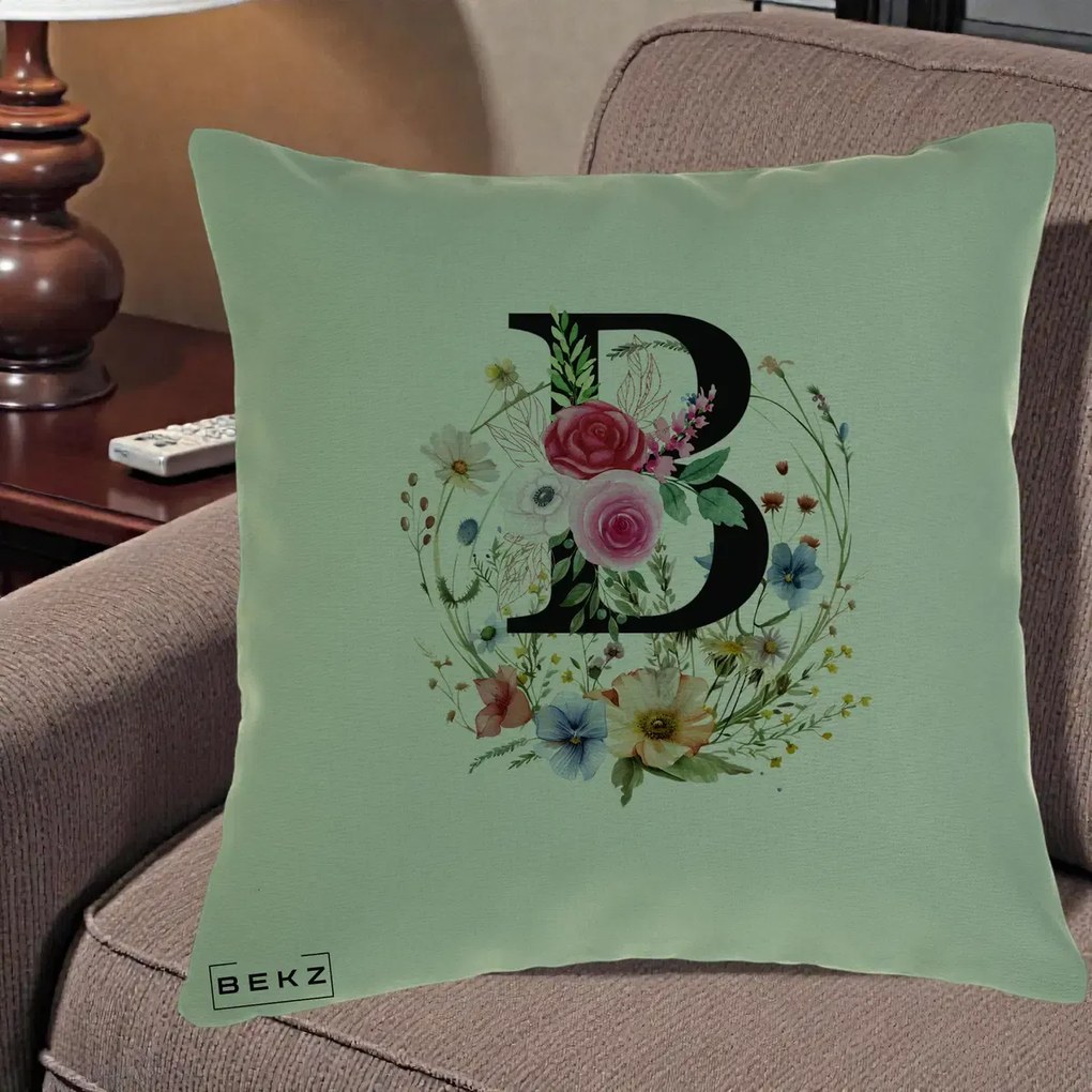 Cadou Personalizat - Perna Personalizata Monogram Litera B cu Flori Acuarela, 40x40 cm, Verde, Husa Detasabila, Perna Inclusa, BEKZ®