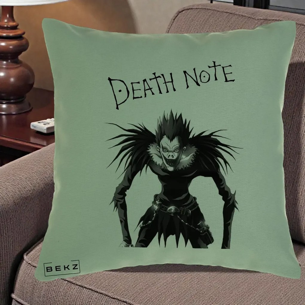 Perna Personalizata Death Note Ryuk Shinigami Alb-Negru, 40x40 cm, Verde, Husa Detasabila, Perna Inclusa, BEKZ®