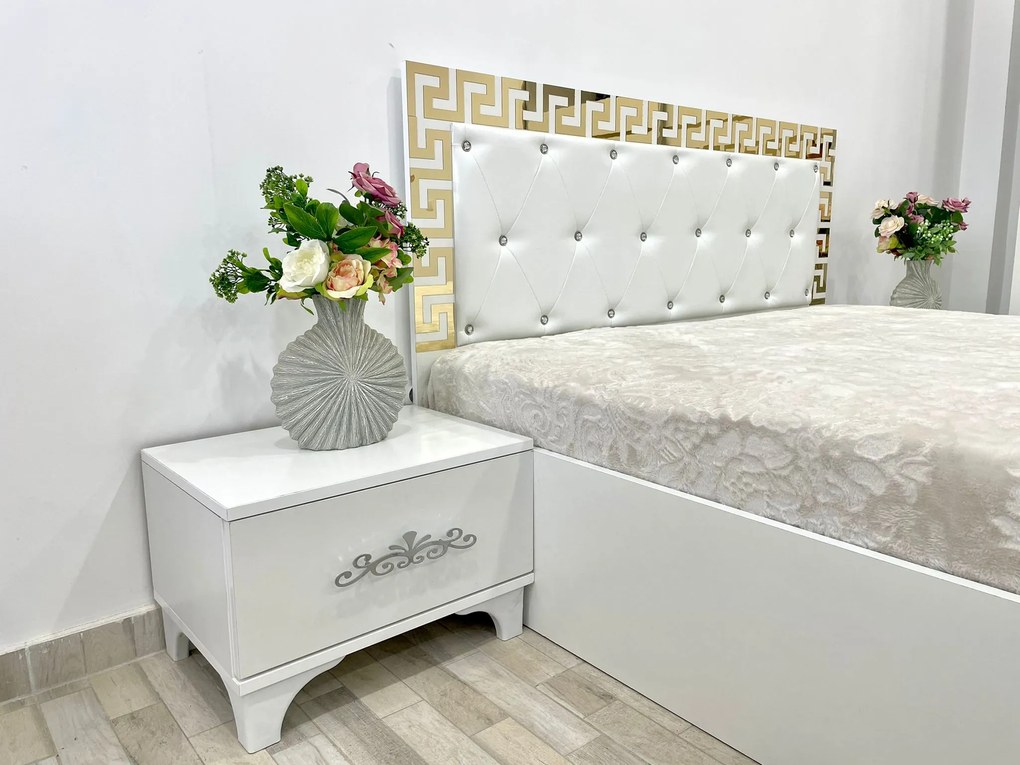 Dormitor Palermo, culoare alb, cu pat tapitat 160 x 200 cm, dulap cu 2 usi, comoda cu oglinda, 2 noptiere