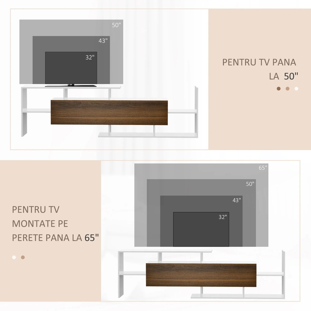 HOMCOM Dulap TV cu Poliță de Perete, Rafturi Deschise și Dulap Închis pentru Sufragerie și Dormitor, 153,6x25x42 cm, Alb  | Aosom Romania