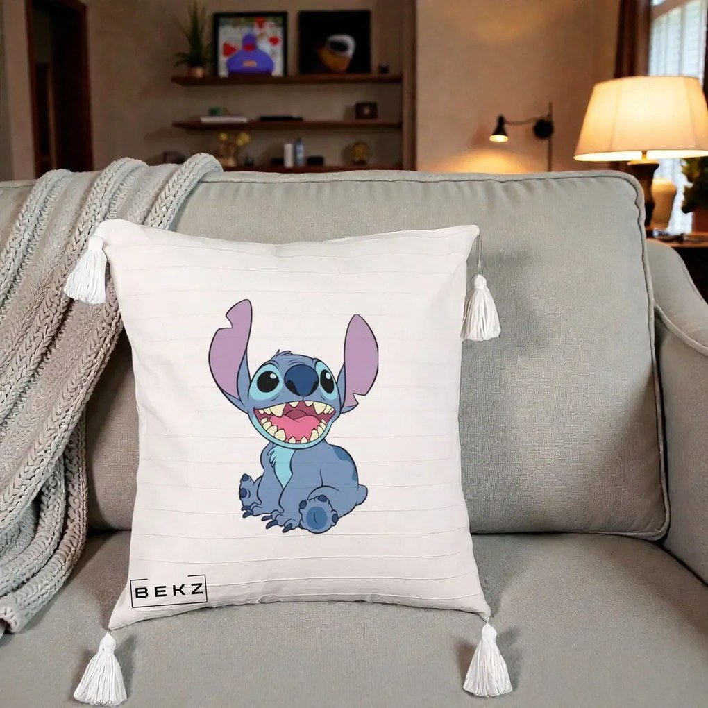 Perna Personalizata Stitch Zambitor, 40x40 cm, Bej cu Franjuri, Husa Detasabila, Perna Inclusa, BEKZ®