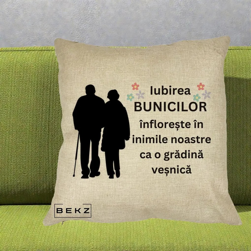 Cadou pentru Bunici - Perna Personalizata Bunicii Iubirea Infloreste Silueta Neagra Flori, 40x40 cm, Crem, Husa Detasabila, Perna Inclusa, BEKZ®