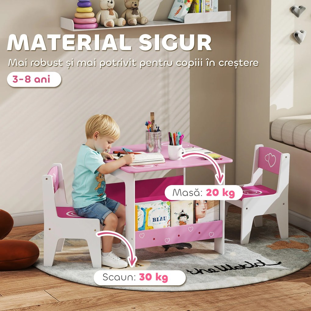 AIYAPLAY Set de masă cu 2 scaune pentru copii 3-8 ani, cu raft în lemn MDF cu motive de inimi, Roz | Aosom Romania