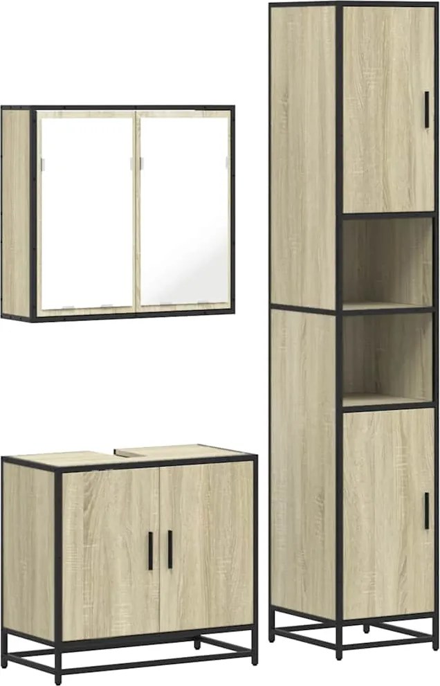 vidaXL Set mobilier de baie, 3 piese, stejar sonoma, lemn prelucrat