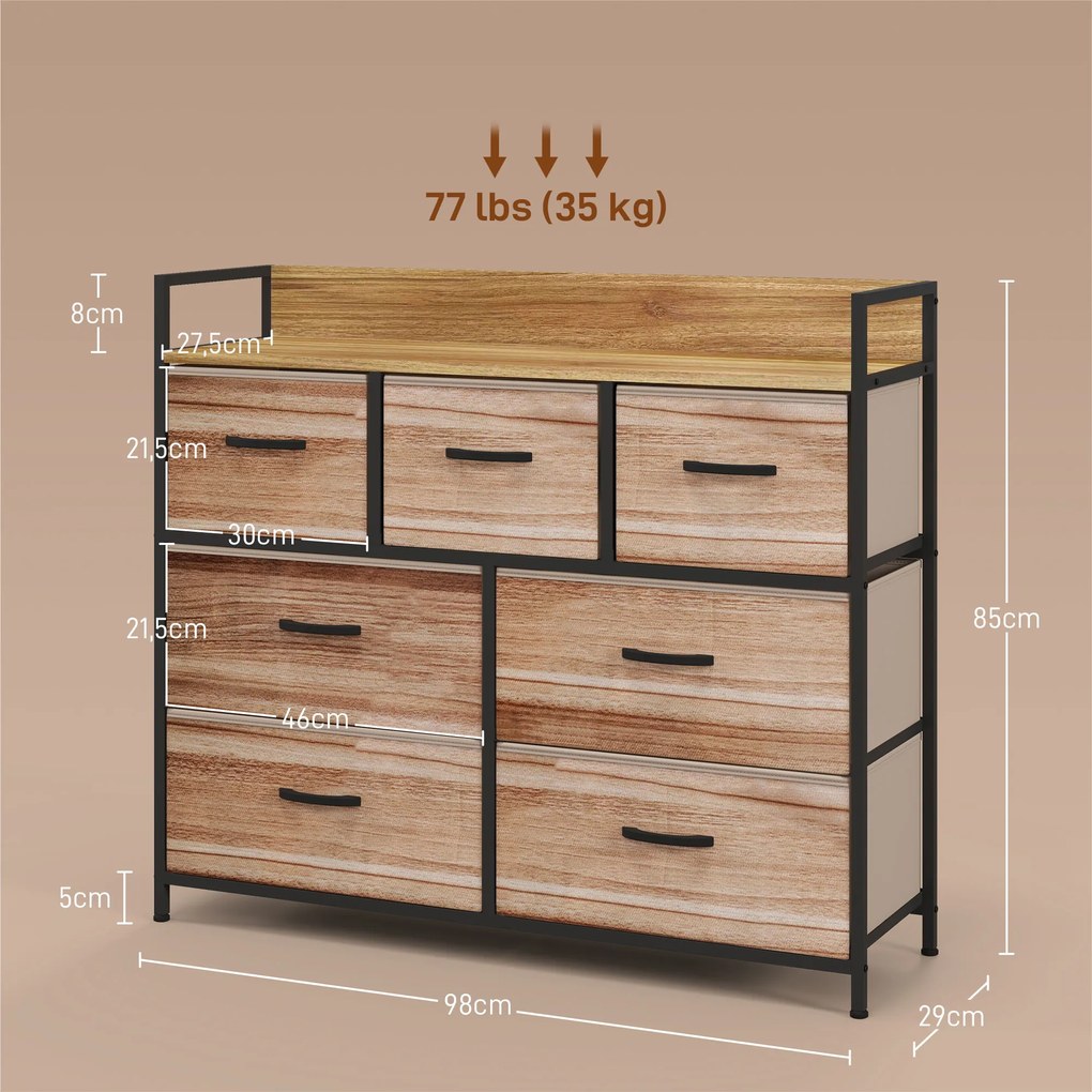 HOMCOM Comodă 7 sertare mobilier de depozitare sertar în țesătură pliabil - structură oțel negru - 98 x 29 x 85 cm | Aosom Romania