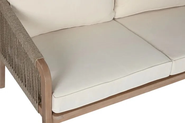 Set lounge exterior premium din lemn de acacia cu frânghie împletită, canapea, 2 fotolii și măsuță cu perne din stofă, „Capri”