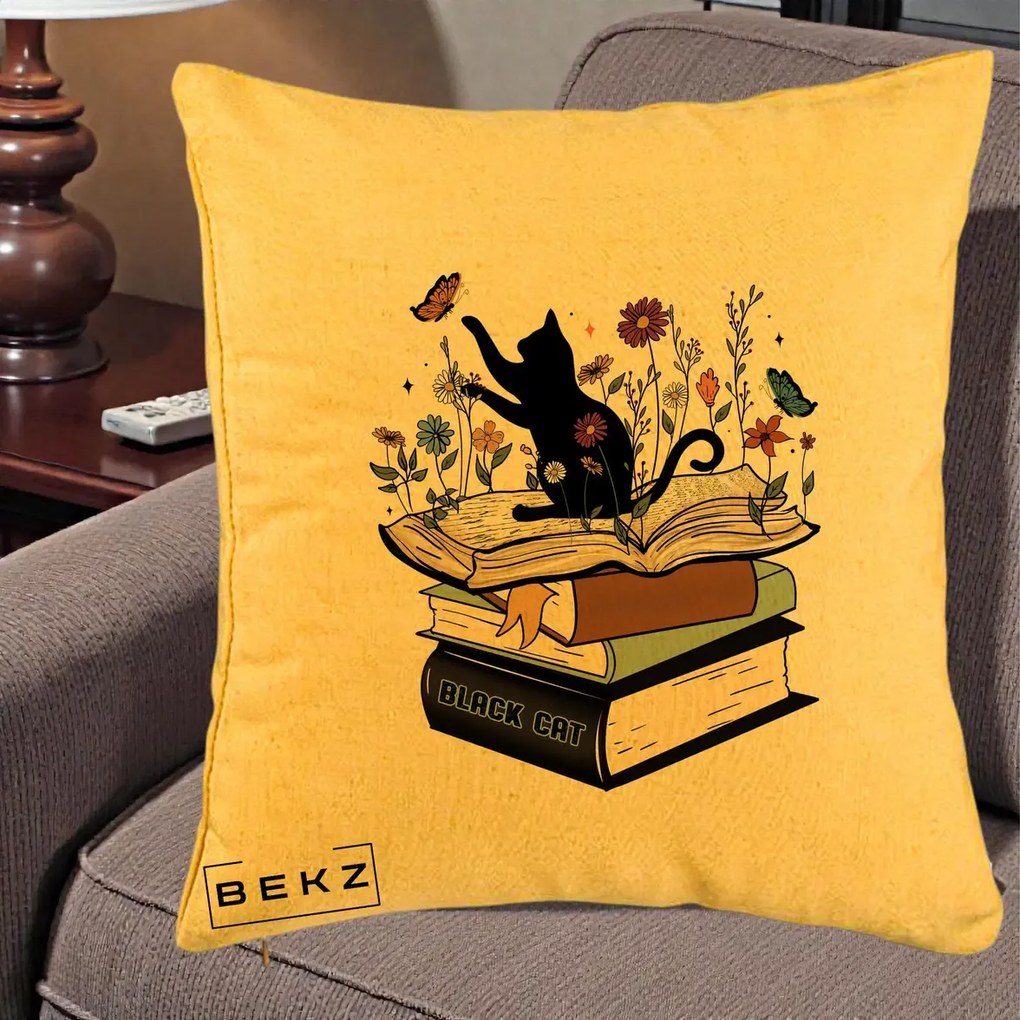 Perna Personalizata Pisica Neagra Carti Flori Fluturi, 40x40 cm, Galben, Husa Detasabila, Perna Inclusa, BEKZ®