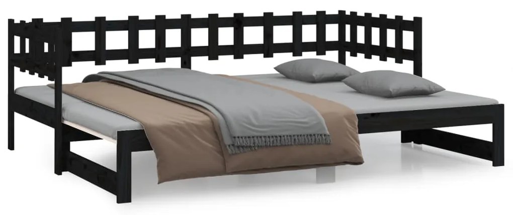 820780 vidaXL Pat de zi extensibil, negru, 2x(90x190) cm, lemn masiv de pin