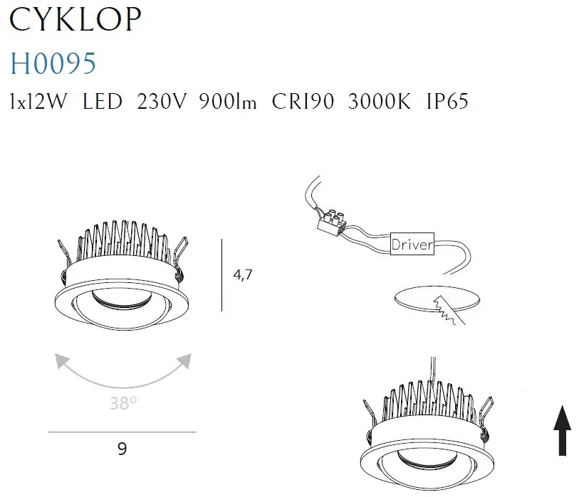 Spot LED directionabil, incastrabil tavan fals / plafon IP65 CYKLOP negru H0095 MX