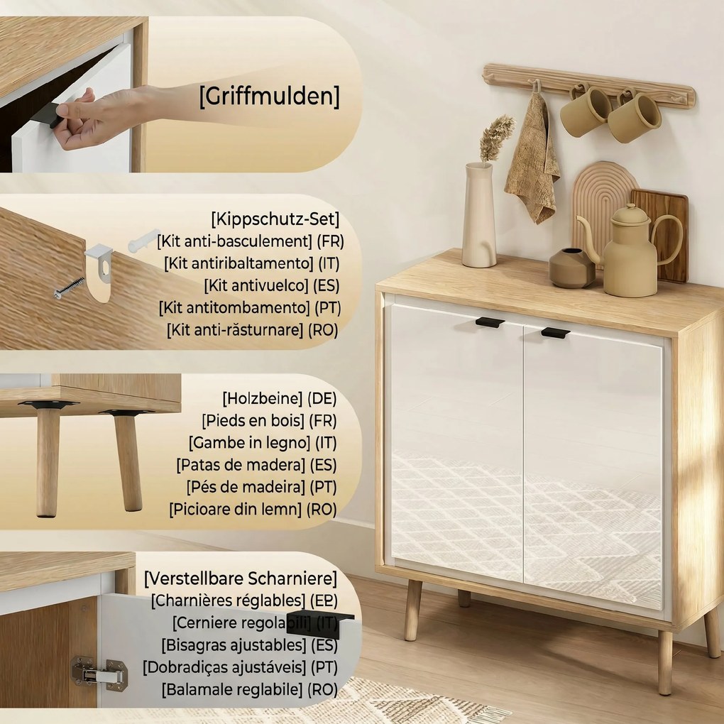 HOMCOM Dulap Modern cu 2 Uși și Raft Reglabil 72x35x77cm Alb și Stejar | Aosom Romania