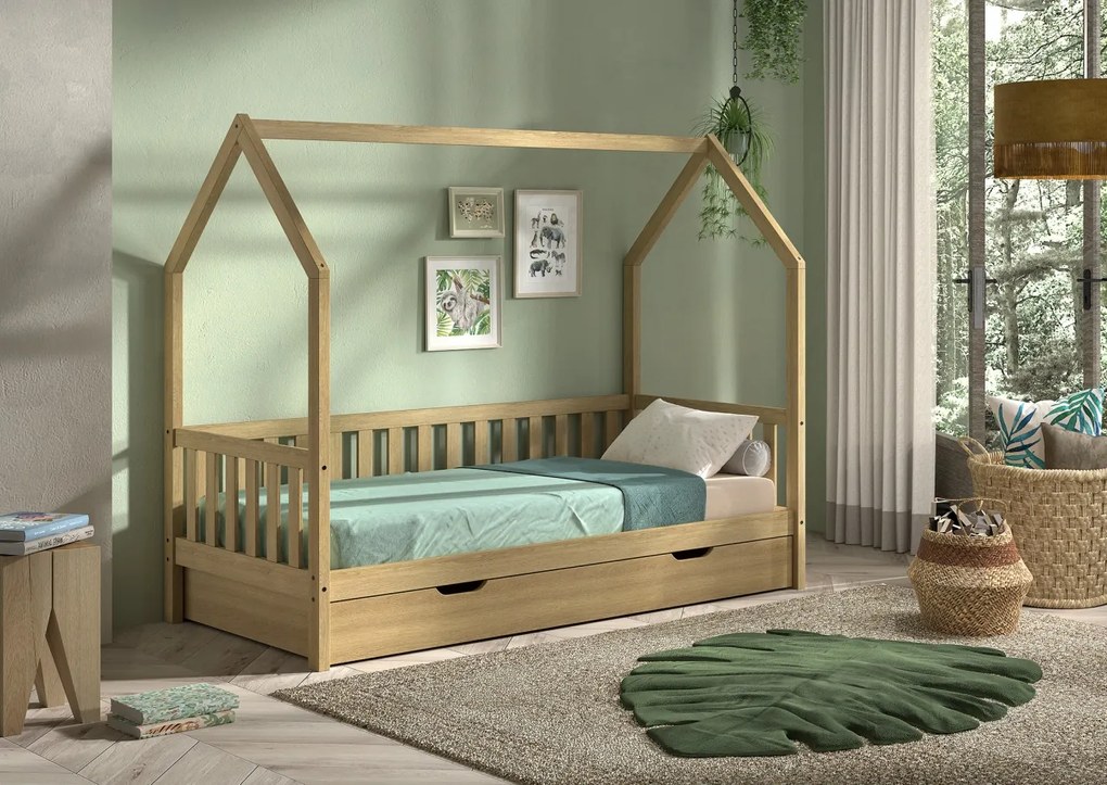 Pat Căsuță NATURE cu Sertar Extensibil, Stejar Natural, 90 x 190/200 cm (Stejar Masiv) – CABANE – Vipack