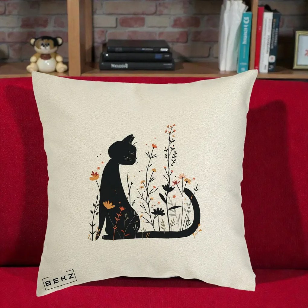 Perna Decorativa Pisica Neagra Flori Portocalii Silueta, 40x40 cm, Ecru, Husa Detasabila, Perna Inclusa, BEKZ®